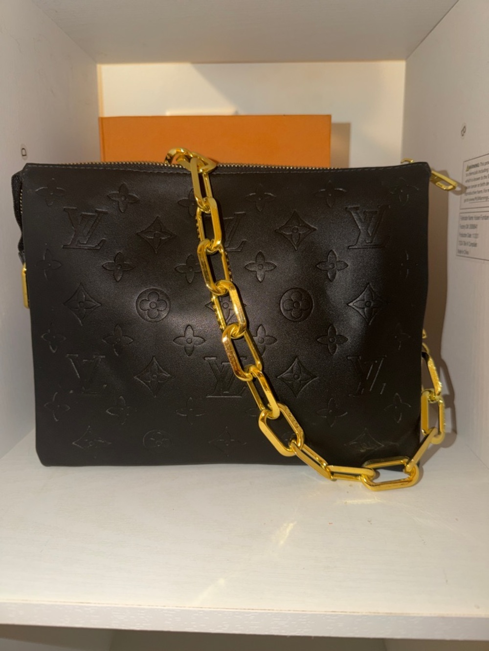 Black Embossed Leather Shoulder Bag with Gold Chain Strap
